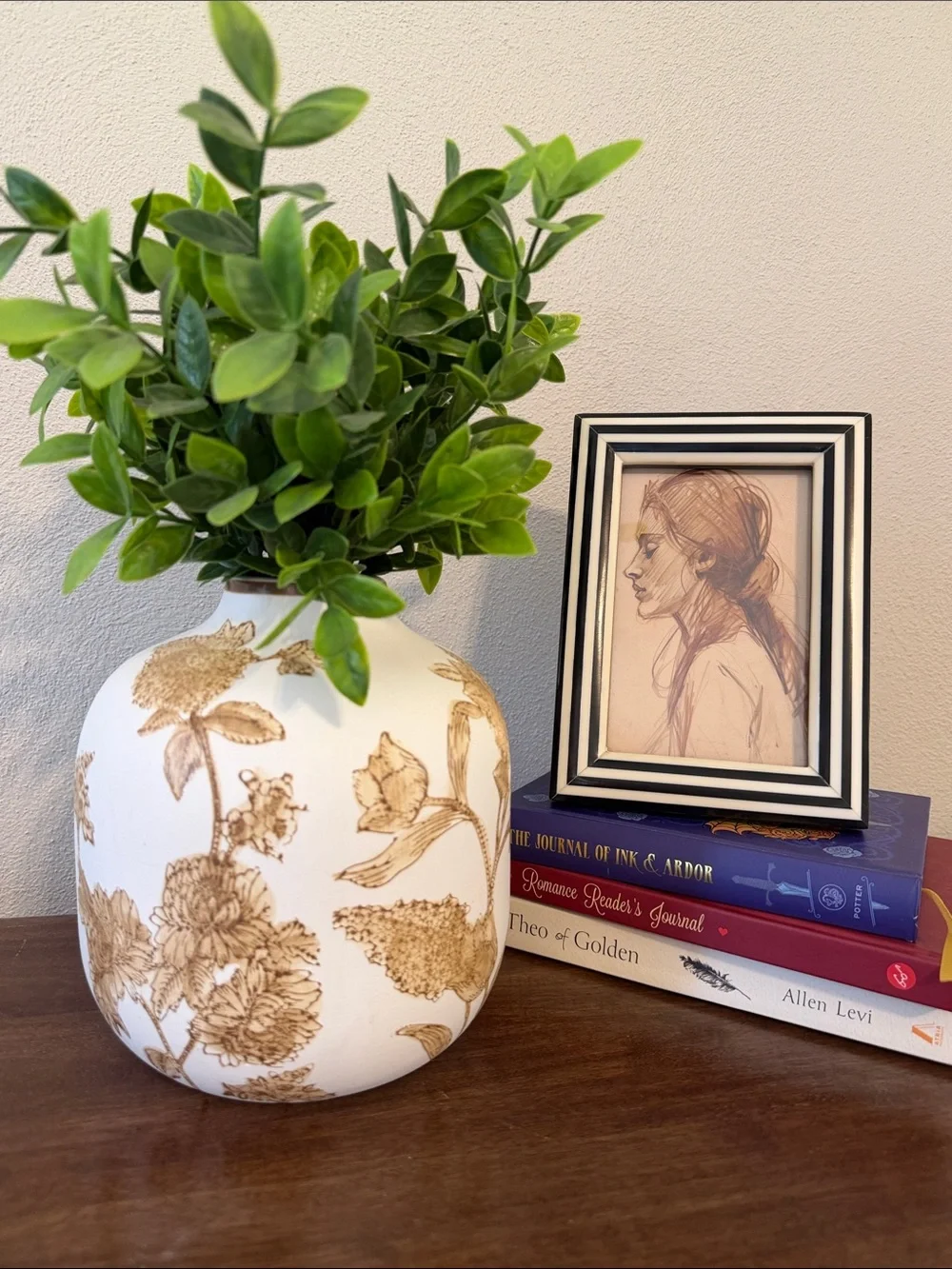 Decorative Painted White Ceramic Vase with Light Brown Floral Pattern